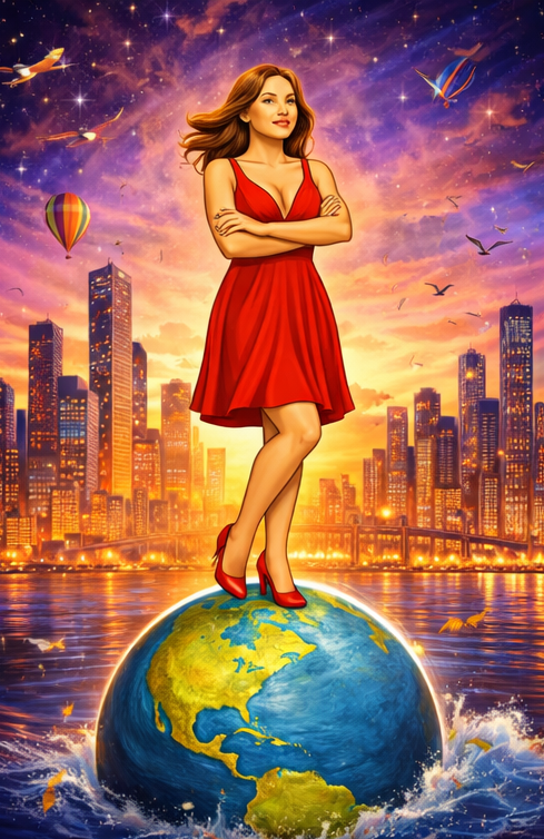 Illustrated woman in a red dress