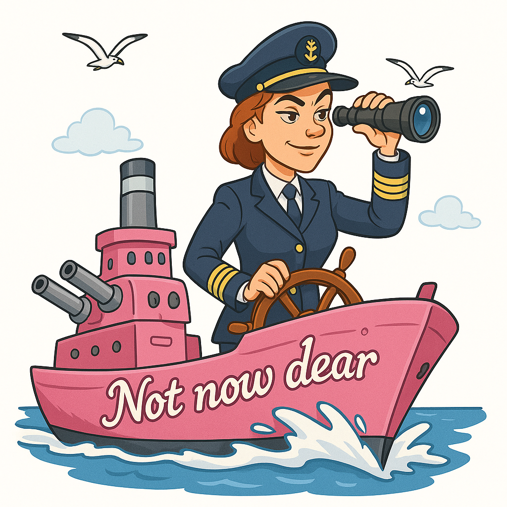 Illustrated captain on a pink battleship