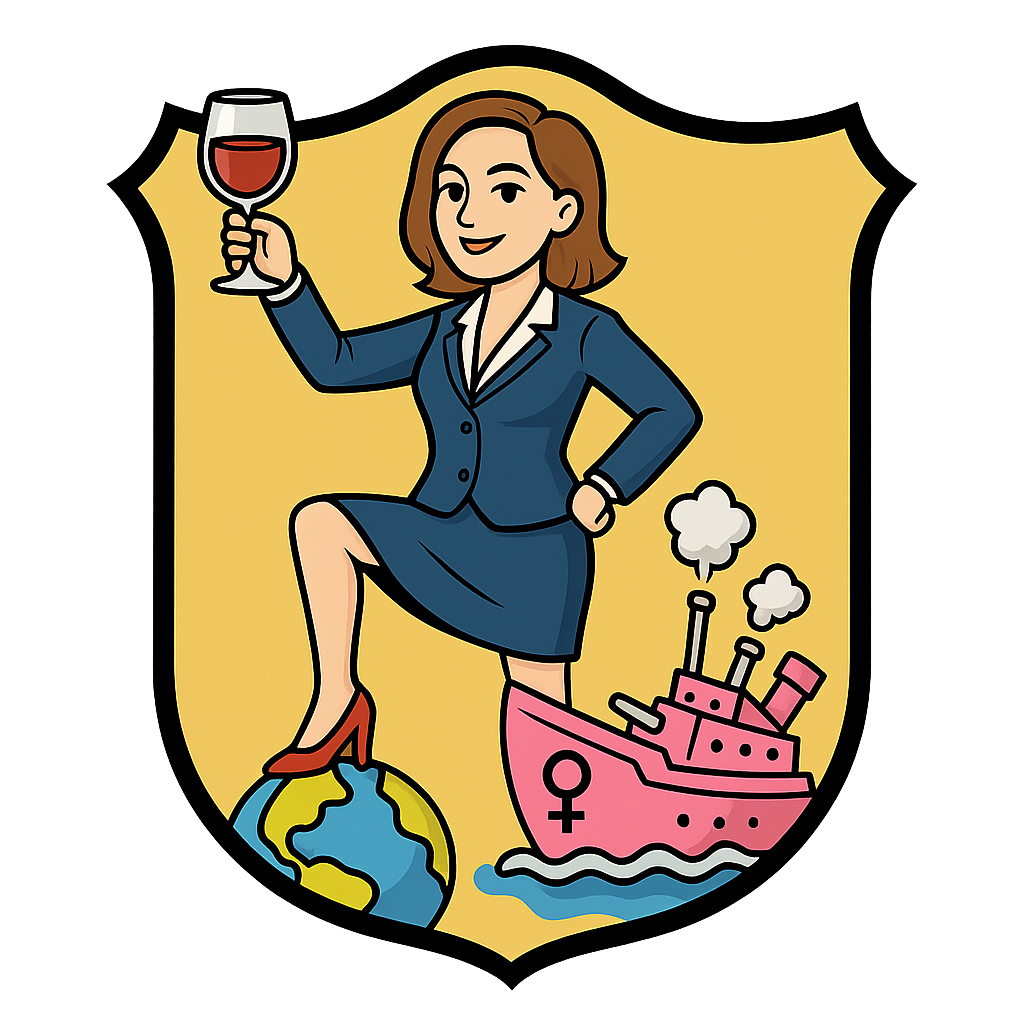 Illustrated woman raising a glass of red wine