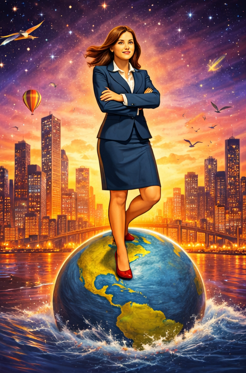 Illustrated woman standing confidently on a globe